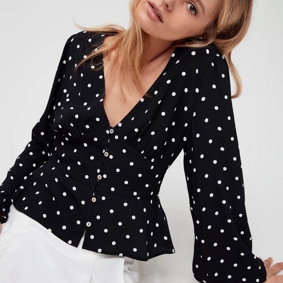 Wilfred Tops - Aritzia Wilfred Black White Polka Dot Prairie Blouse XS V-Neck Bishop Sleeve